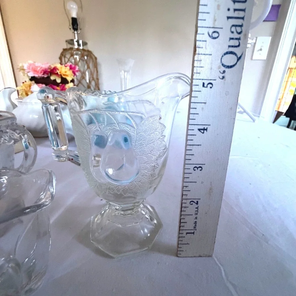 Vintage Glass Set Etched Floral Embossed Piece‎ Pear Footed Pitcher 3pc Clear